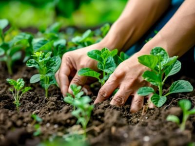 Close up of person's hands on plant in dirt.